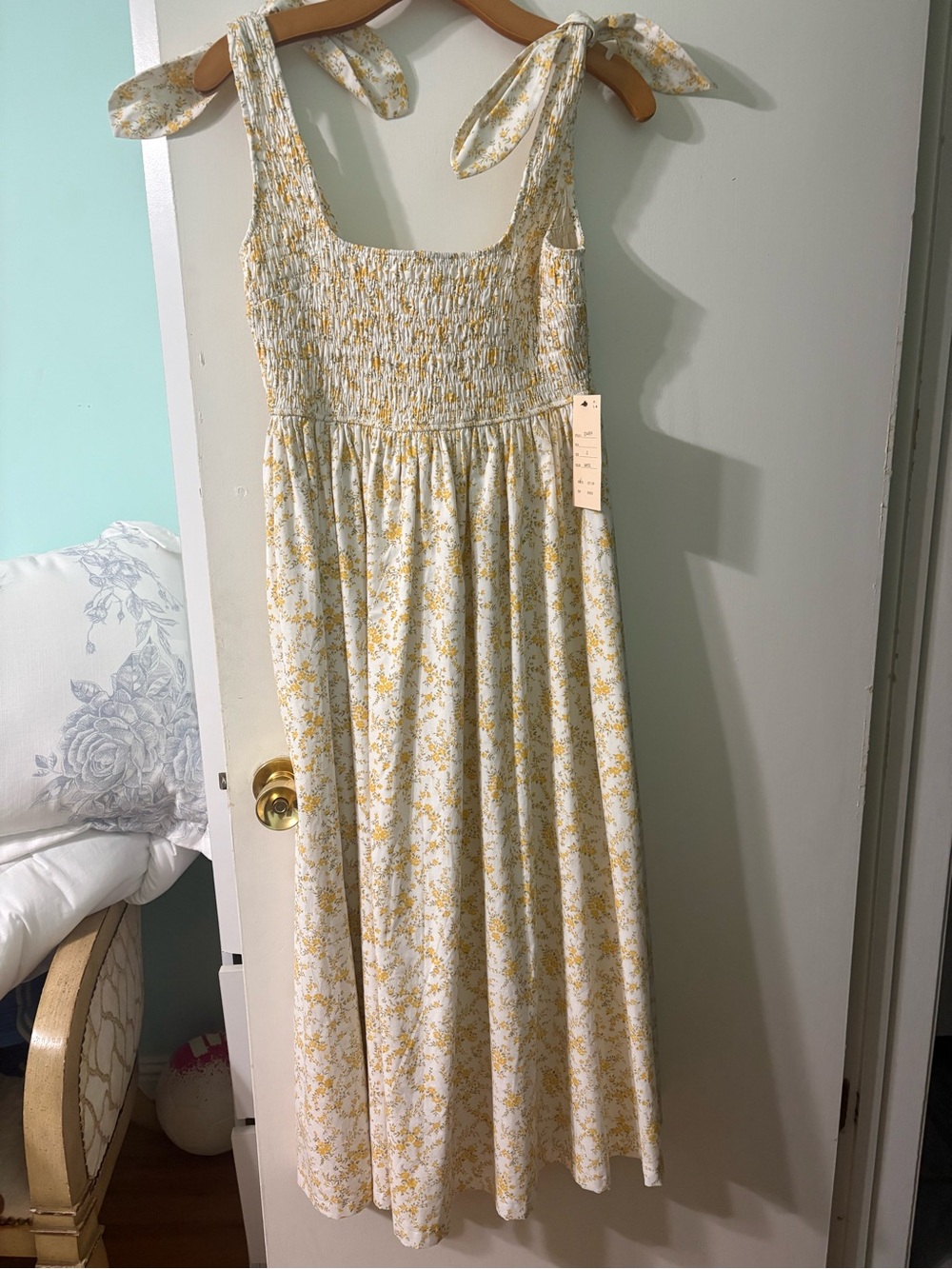 Smocked Tie-Strap Floral Maxi Dress in Yellow and Cream